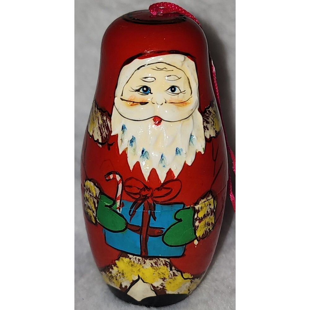 Santa Hand Painted Matryoshka Doll Ornament Holding Present